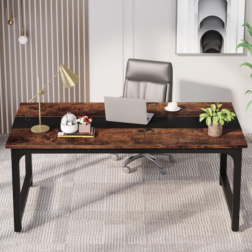 63" Executive Desk, Large Modern Office with Thick Metal Frame , Rustic Brown & Black