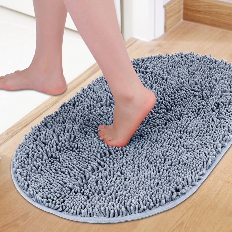 Oval Plush Bath Mat, Soft Non Slip Absorbent Rug, Rubber Backing Quick Dry Rugs for Shower Floor, Bathroom Decor - Blue - 16" x 24"