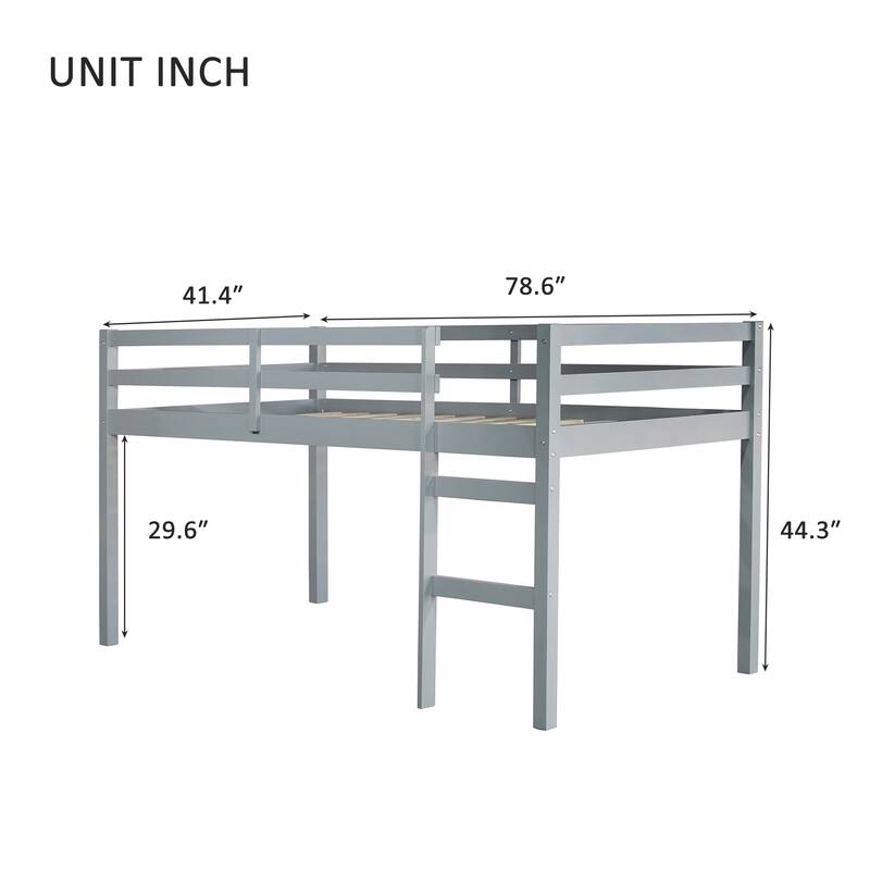 Grey Twin Loft Bed with Ladder and Strengthened Slats, Rubber Wood and Plywood, Low Height Design