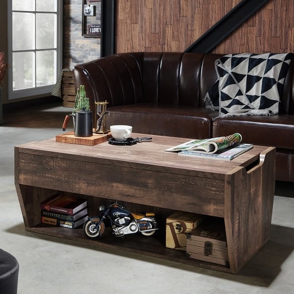 slide 2 of 16, Furniture of America Rere Rustic 41-inch Wood 2-Shelf Lift-top Coffee Table Reclaimed Oak