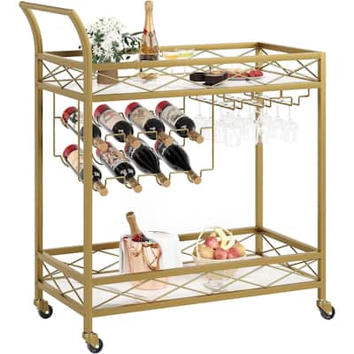 2 Tier Bar Cart with Wine Rack and Glass Holders