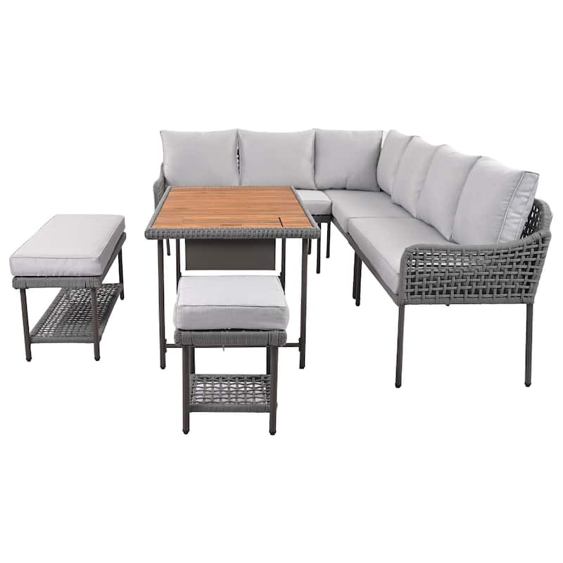 6-Piece Modular L-Shaped Conversation Set, Sectional Sofa Set with Cushions, Acacia Wood Table with Ice Box, Metal Frame