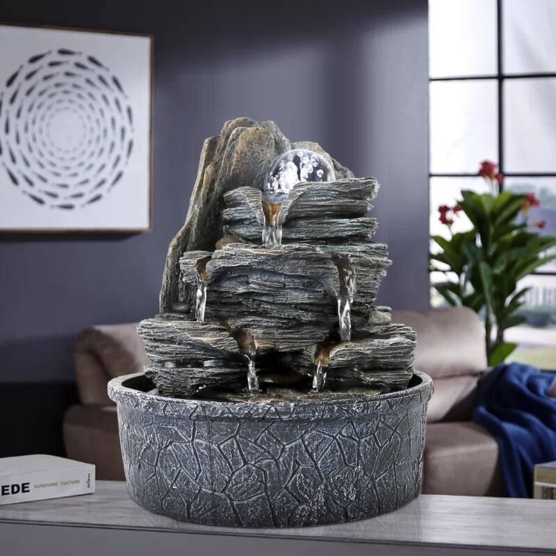Cascading Rockery Water Fountain with LED Lights, Resin Water Feature