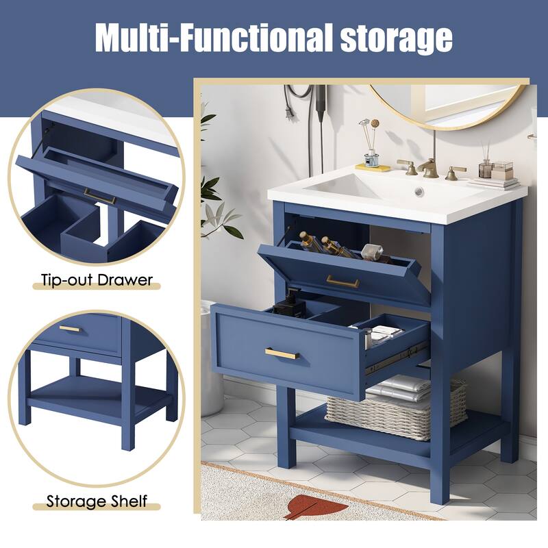 Freestanding Single Sink Storage Cabinet Bathroom Vanity with Tip-out Drawer, U-shaped Drawer, Open Shelf and Gold Metal Handles