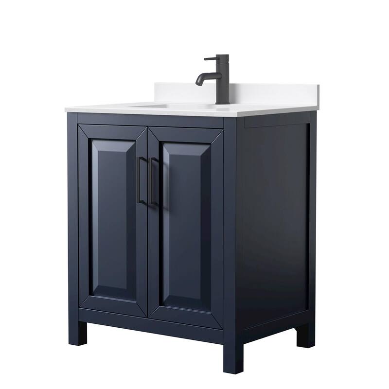 Daria 30-inch Single Vanity, Single Hole Quartz Top - Dark Blue, Black Trim, White Quartz Top