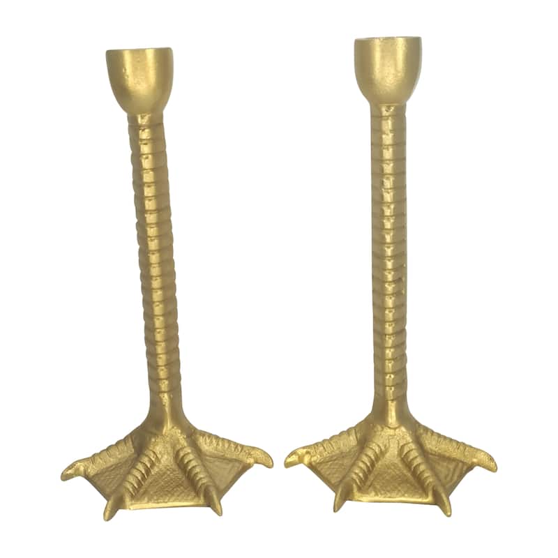 Sagebrook Home Gold Metal Bird Legs Taper Candle Holders, Aluminum & Suar Wood, 9 Inches, Set of 2 - 4" x 3" x 9" - Solid gold Gold - 4" x 3" x 9"