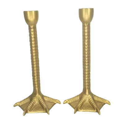 Sagebrook Home Gold Metal Bird Legs Taper Candle Holders, Aluminum & Suar Wood, 9 Inches, Set of 2 - 4" x 3" x 9"