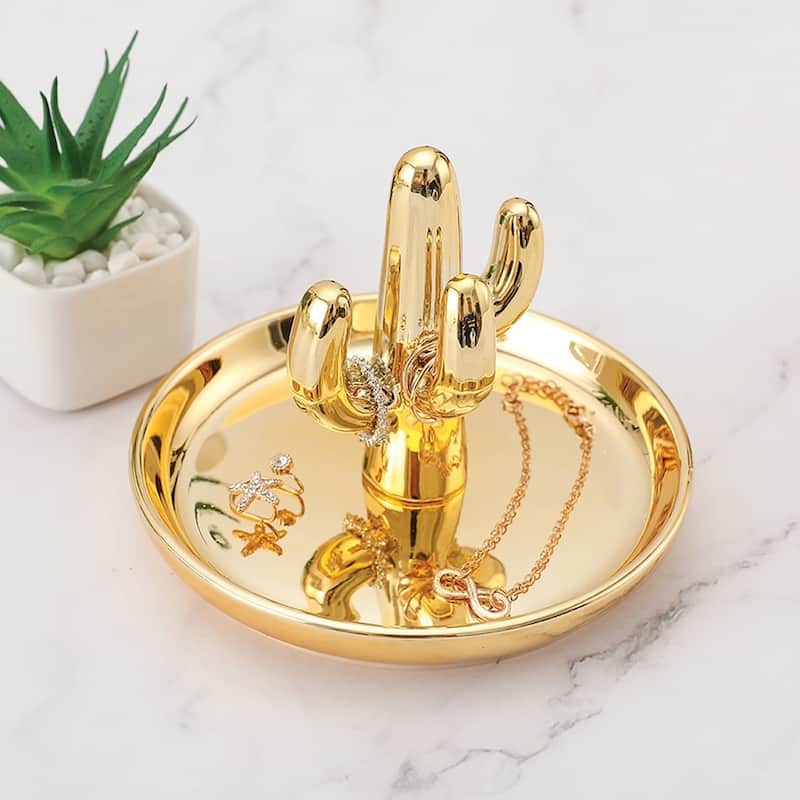 Curata Gold-Tone Standing Cactus Ceramic Ring Holder