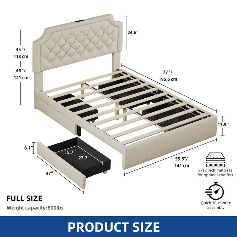 Moasis Velvet/Linen Upholstered Bedframe with Adjustable Headboard and 4 Storage Drawers