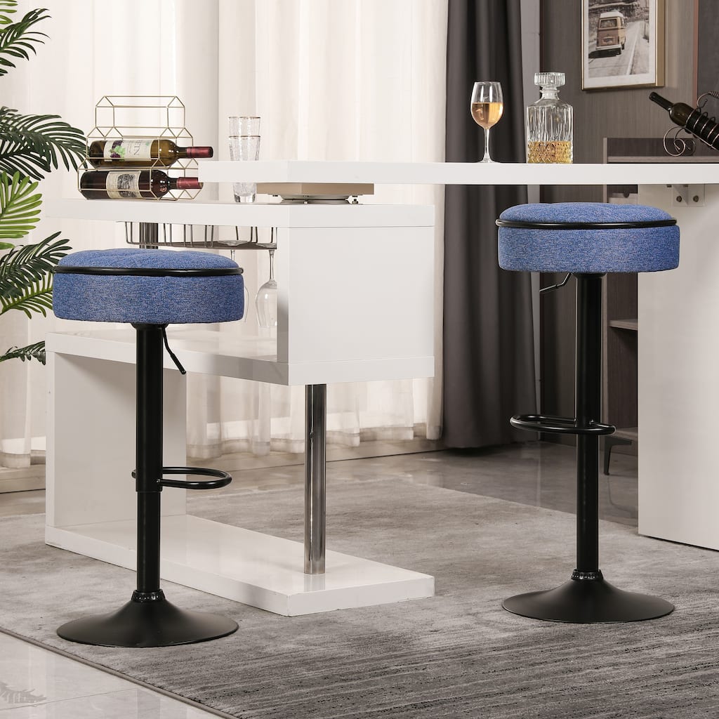 Height Adjustable Bar Stool Blue Armless Bar Chair Round Storage Bar Stool with Metal Frame for Kitchen Living Room