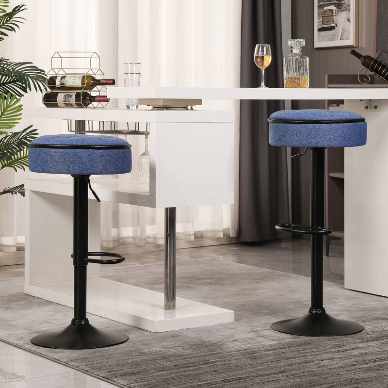 Height Adjustable Bar Stool Blue Armless Bar Chair Round Storage Bar Stool with Metal Frame for Kitchen Living Room - Blue