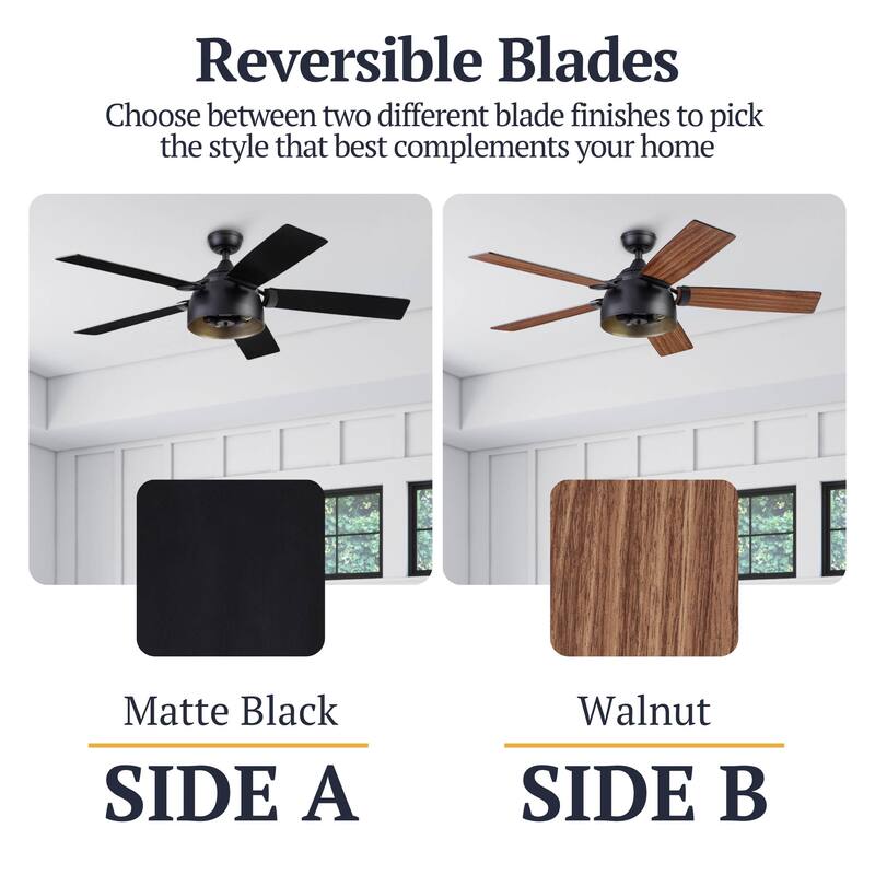 52" Prominence Home Octavia Matte Black Industrial Style LED Ceiling Fan with Light, Remote Control