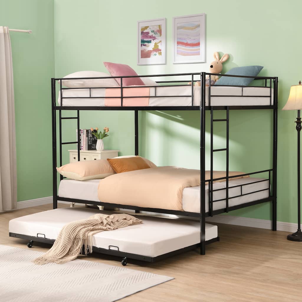Full Over Full with trundle Metal Bunk Bed, No Box Spring Needed, Easy Assemble