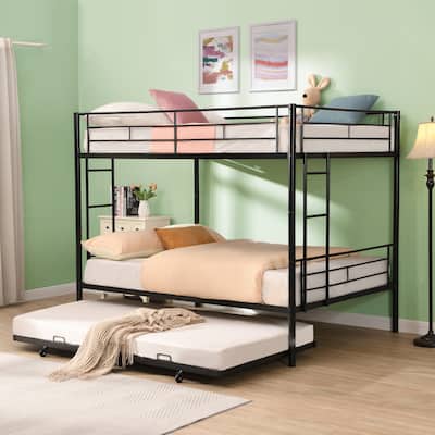 Space-Saving Full Over Full Metal Bunk Bed with Trundle, Sturdy Steel Frame, Easy Assembly, No Box Spring Required