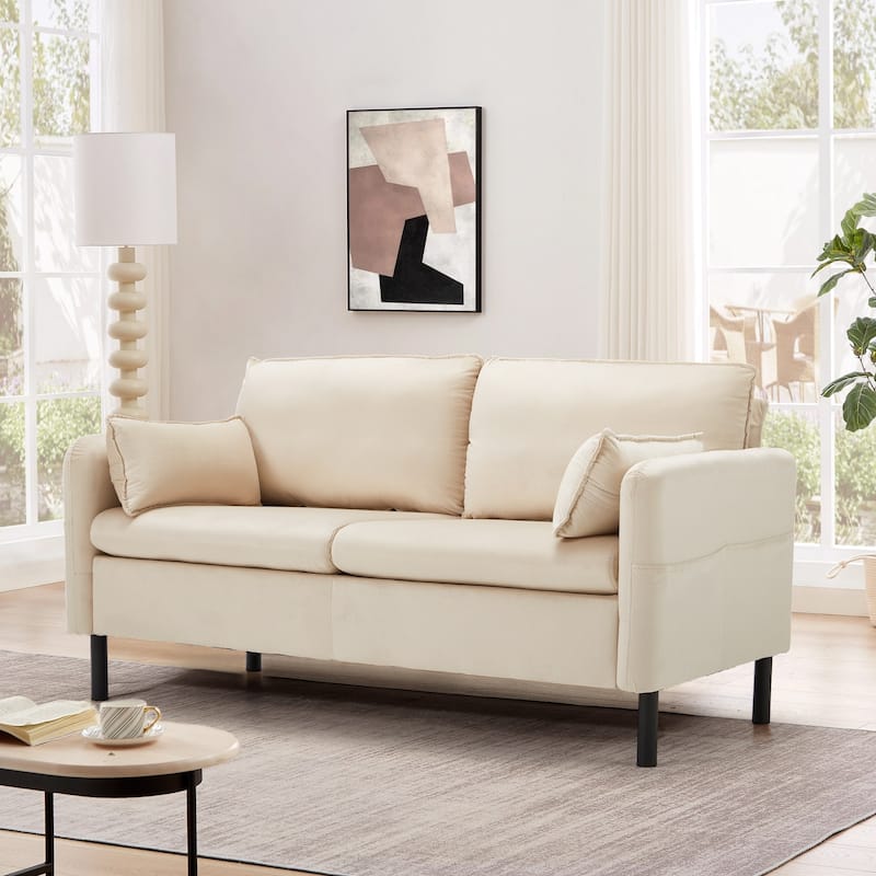 Modern double sofa for small spaces with storage, 2 soft cushions - Velvet - Beige