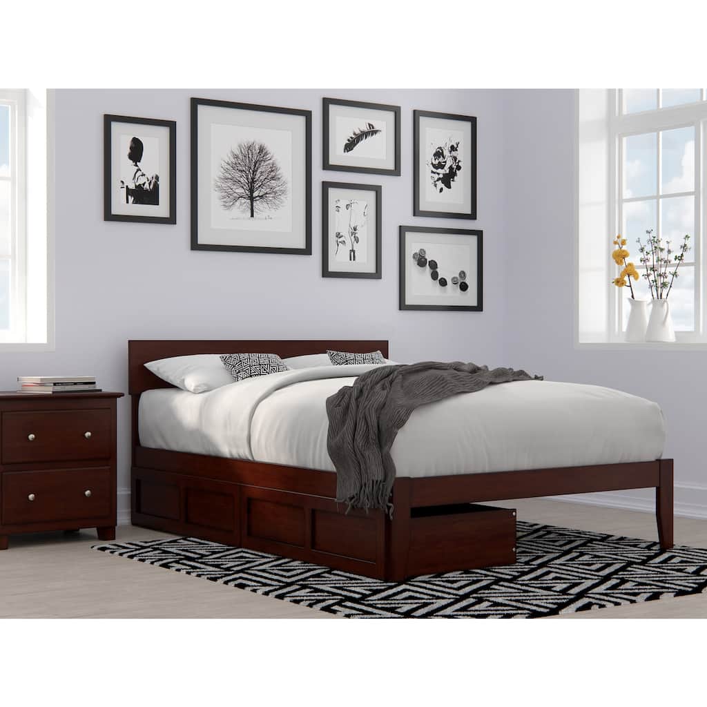 Full Walnut Platform Bed with Storage Drawers, Modern Panel Headboard, and Airflow Slat Mattress Support