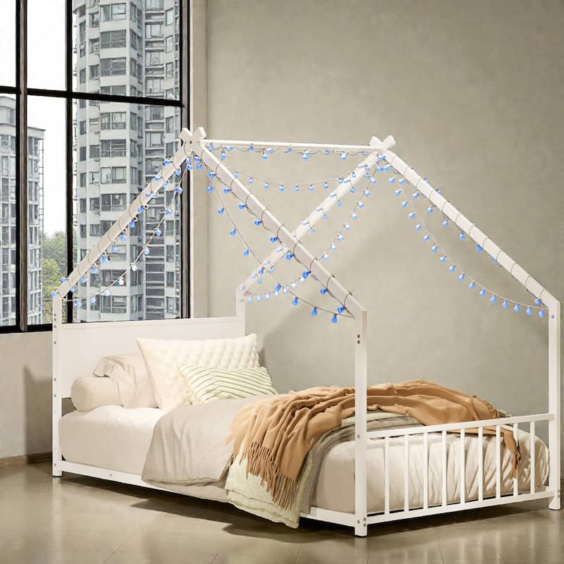 House Bed Frame with Roof & Colorful LED Lights, Metal Kids Floor Bed with Slats, Boys Girls Teens Canopy Bed, No Box Spring