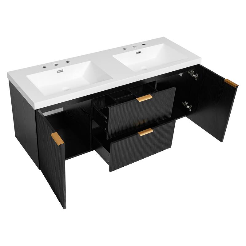 59.3 Inch Floating Double Sink Bathroom Vanity with SMC Resin Top, Wall Mounted Storage Cabinet for Large Bathrooms