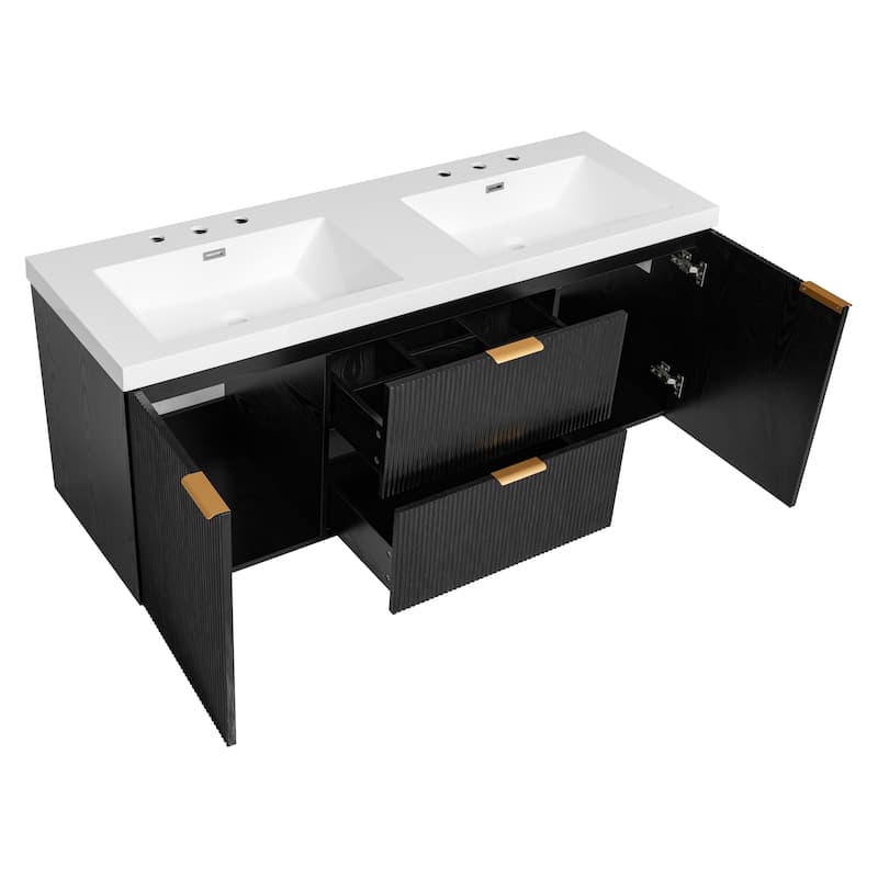 GDFStudio - Mercer Transitional Wall Mounted Bathroom Vanity Cabinet with Double SMC Sink, Soft Close Doors & Drawers