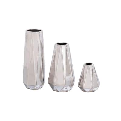 Ceramic Geometric Faceted Decorative Vase - Set of 3 Silver - CosmoLiving by Cosmopolitan