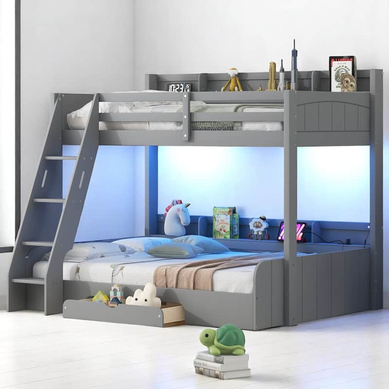 Twin Over Full Bunk Bed with Storage Shelves, LED Lights, Charging Station, and Drawer, kid bed,Storage bed