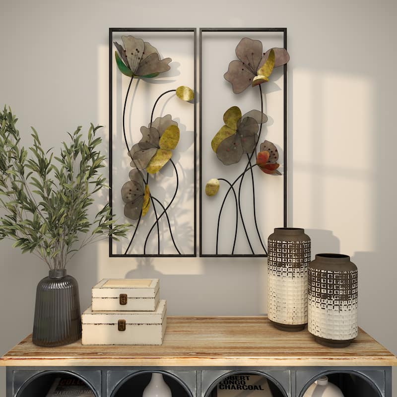 Black Metal Floral Home Wall Decor with Green and Orange Accents (Set of 2)