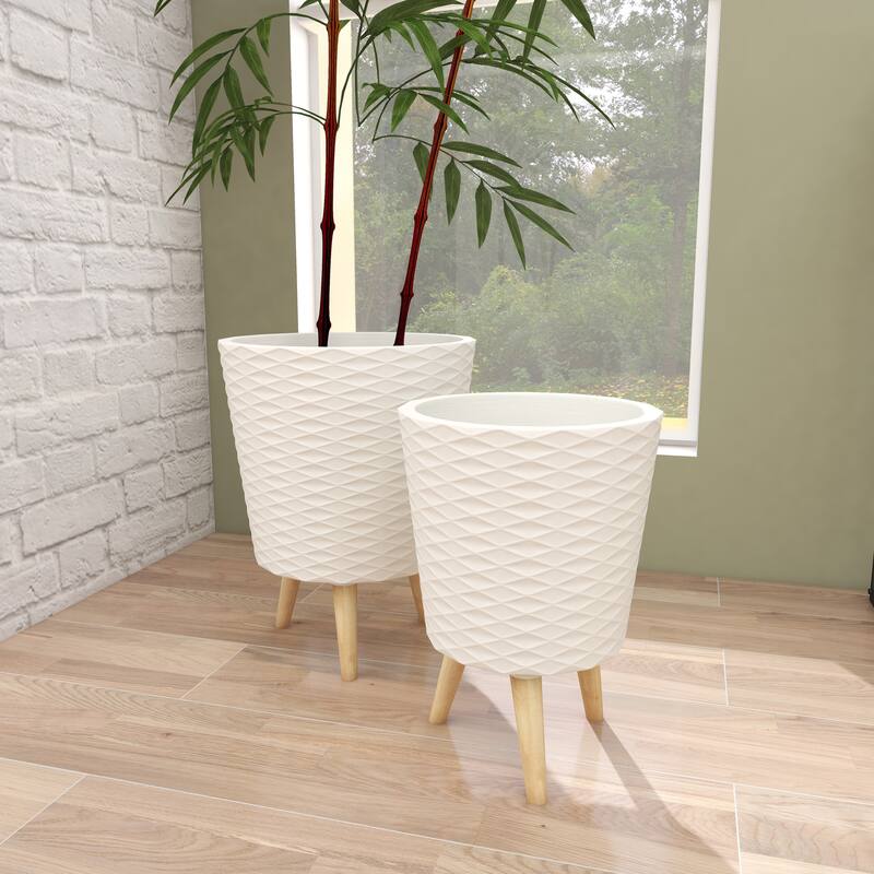 White or Grey Fiber Clay Wood Boho Eclectic Planter (Set of 2) - S/2 14", 16"H