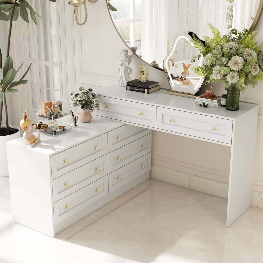 White Dresser & Vanity Set Luxurious Storage with Crystal Accents Desk