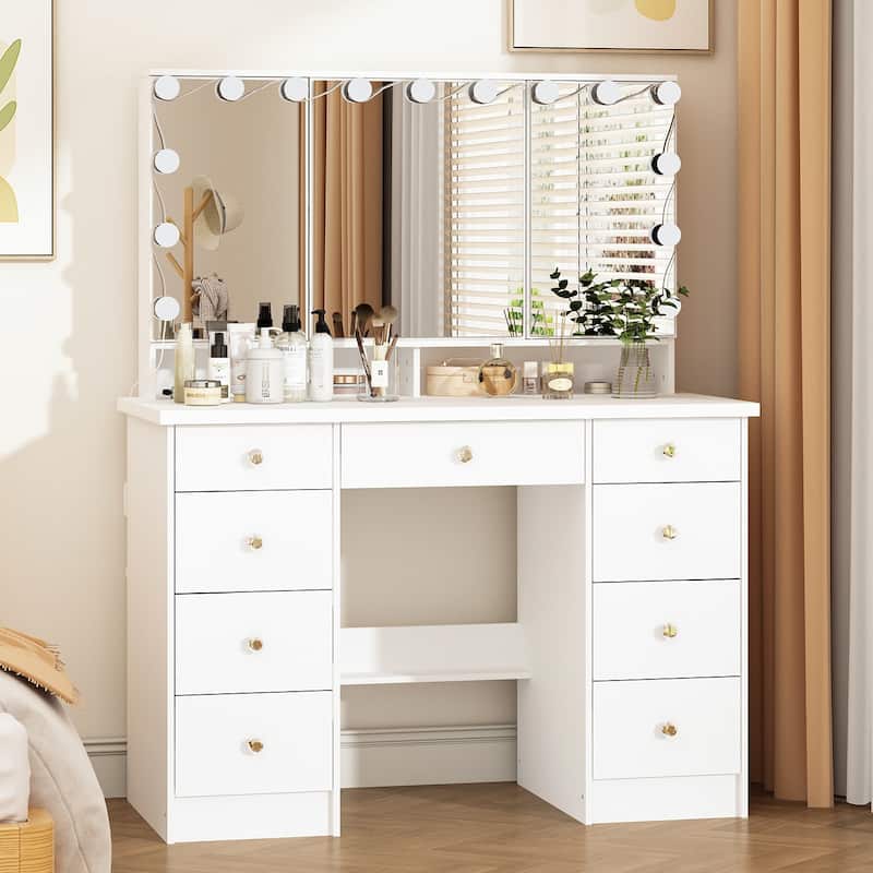 White Makeup Vanity - LED Mirror, USB-Powered Lights, Dresser Table