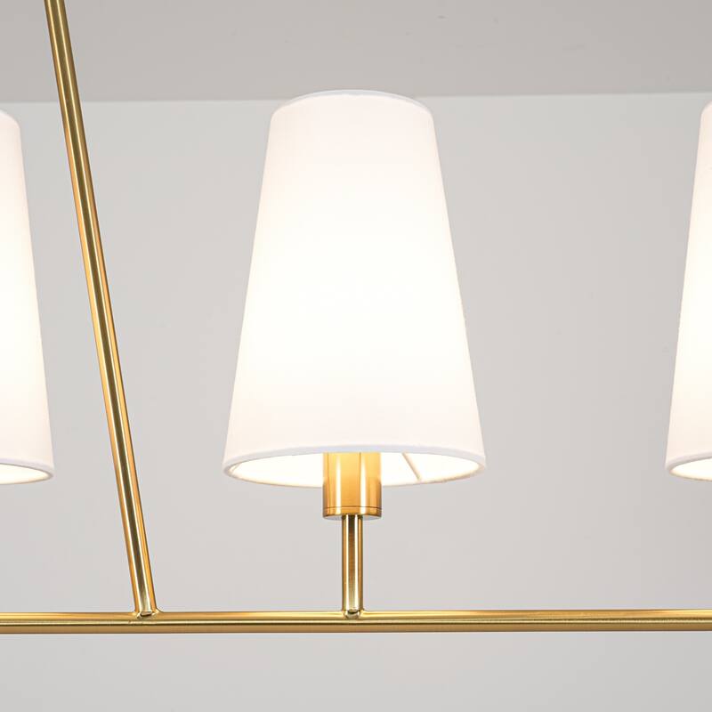 5-Light Mid-Century Modern Linear Pendant Light in Brass Finish White TC Fabric Shade for Dining Room and Kitchen Island