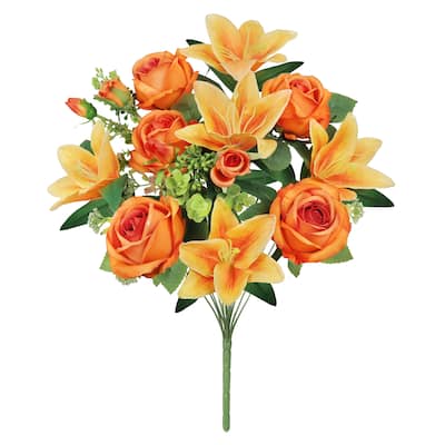 Set of 2 Orange Artificial Mixed Rose Stargazer Lily Flower Stem Bush Bouquet 18in - 18" L x 11" W x 11" DP