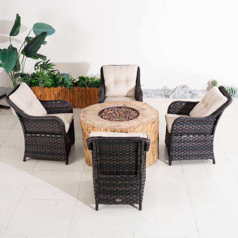 Outdoor Funiture Set with Terrafab Composite Fire Pit Table and PE Rattan Chairs
