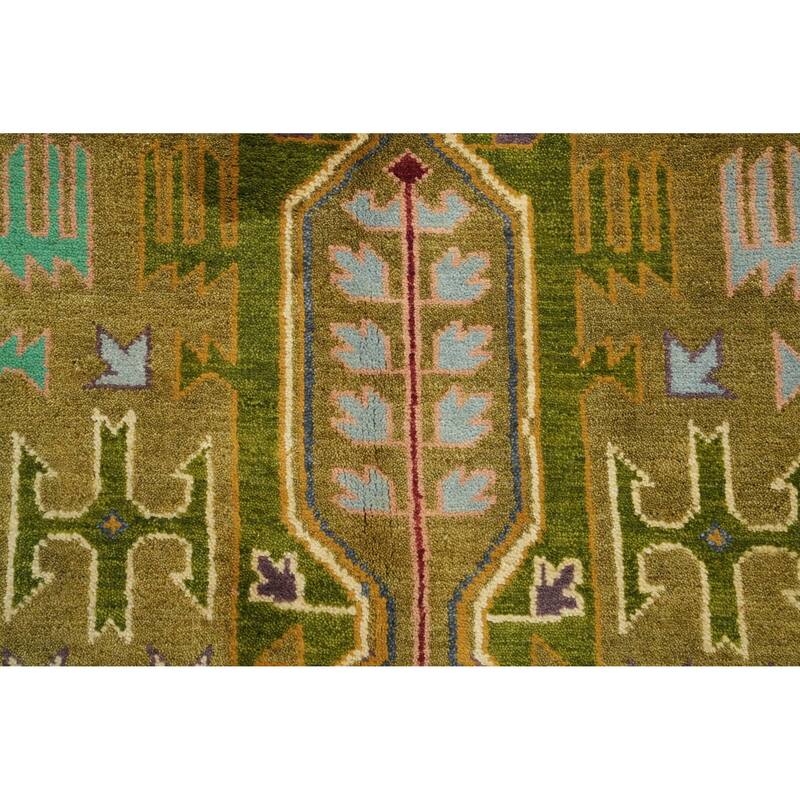 Hand Knotted Oriental 100% Wool Carpet Traditional Geometric Green Kazak Area Rug - 11' 10'' X 8' 11''