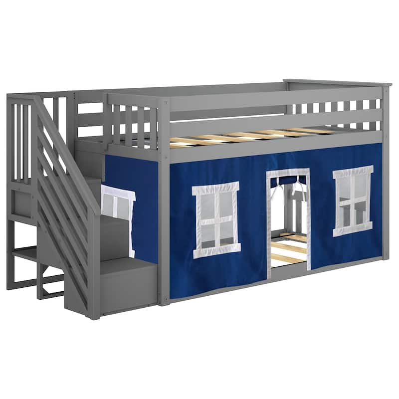 Max and Lily Twin over Twin Low Bunk Bed with Staircase and Curtains