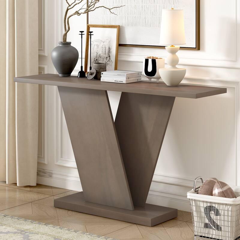 V-Base Console Table 59.8" Modern Sofa Table Long Narrow Entryway Hall Table Accent Table for Living Room - Taupe