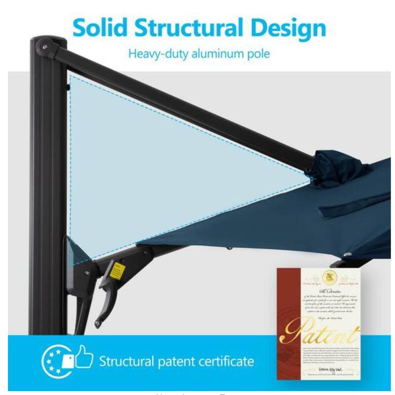 10 Ft Blue Square Cantilever Patio Umbrella with 360° Rotation Tilt Adjustment without base.