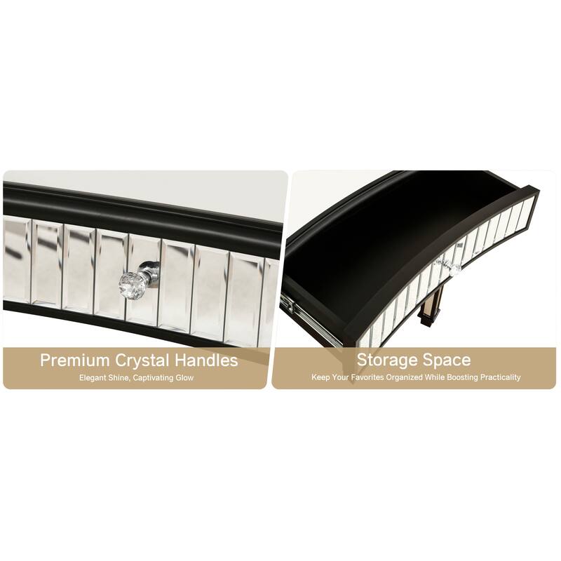 Roomfitters 47" Half-Moon Mirrored Console Table, Fluted Glass Entryway Vanity with Crystal Knob Drawer