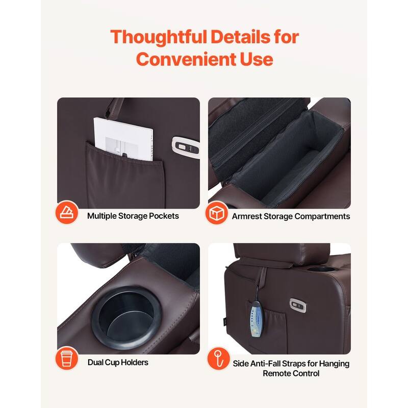 Brown PU Leather Electric Recliner Loveseat with Massage, Heat and USB Ports - 54.5 x 36.2 x 40.9 in