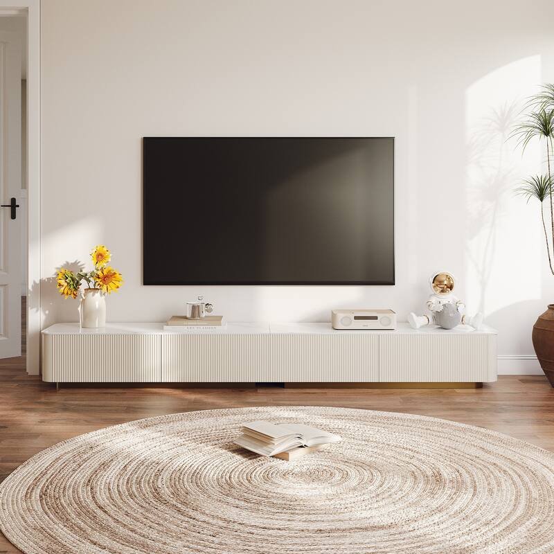 94.5-142" Modern TV Stands, White Glossy Sintered Stoe Table top Media Console with 4-6 Drawers for Option - 94.5" 4 Drawers