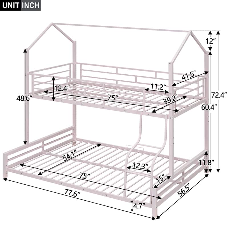 Metal House Bunk Bed with Roof, Ladder, and Fence for Kids