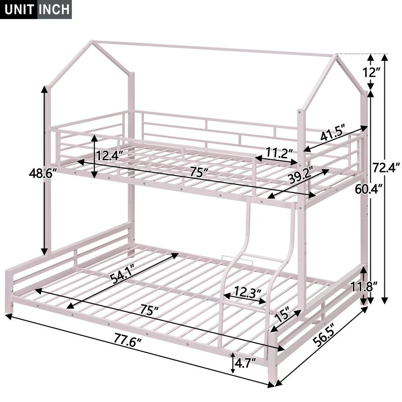 Pink Metal House Bunk Bed with Roof, Ladder and Fence for Kids, Boys and Girls
