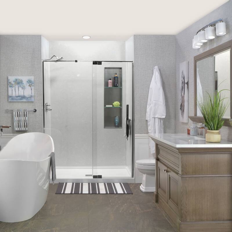 Irene 48 in. W x 76 in. H Pivot Semi-Frameless Shower Door with Clear Glass - 48-in W x 76-in H - 48-in W x 76-in H