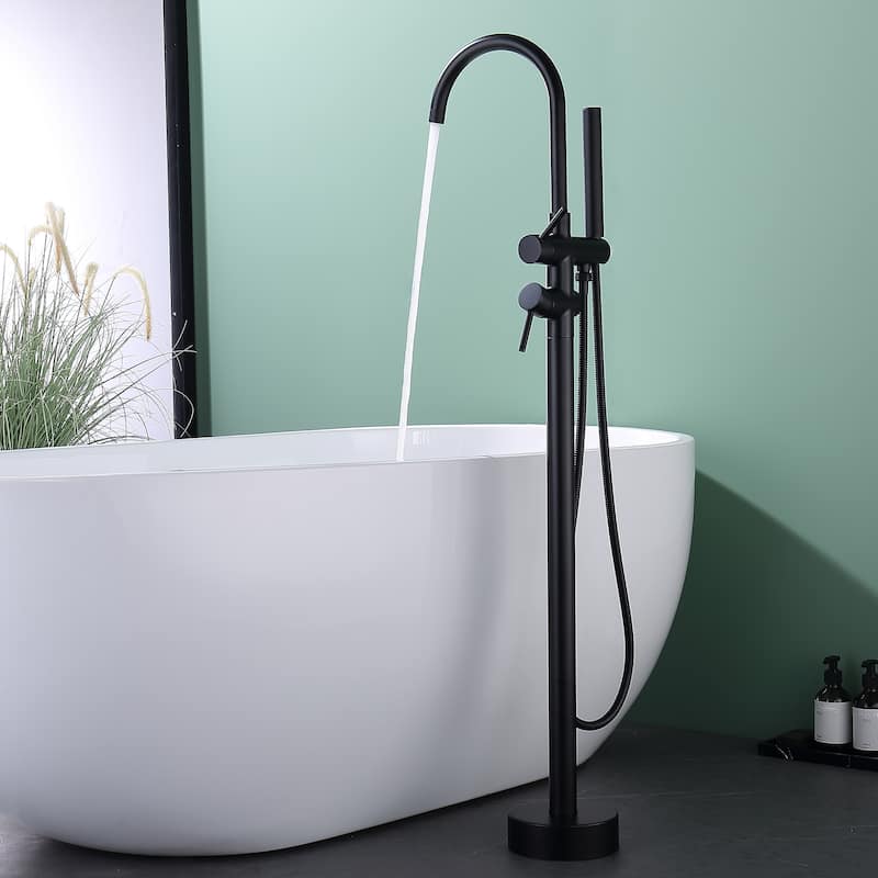 46"H Double Handle Floor Mounted Freestanding Tub Filler with Handheld Shower