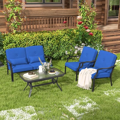 2 PCS Outdoor Patio Furniture Set Chair Coffee Table Cushioned Seat