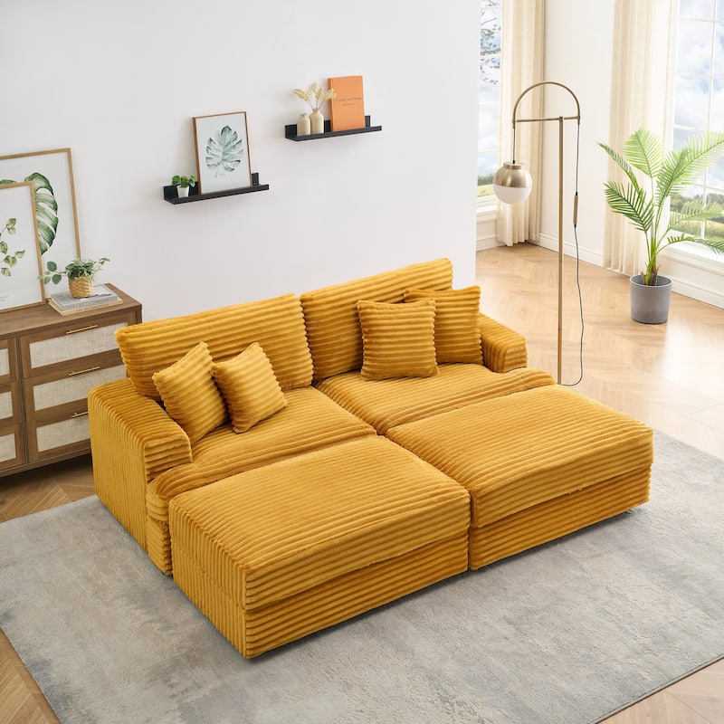 Orange Corduroy Sleeper Sectional Sofa Bed, Loveseat Couch & Storage Ottomans Set with Pillows and Removable Cushions