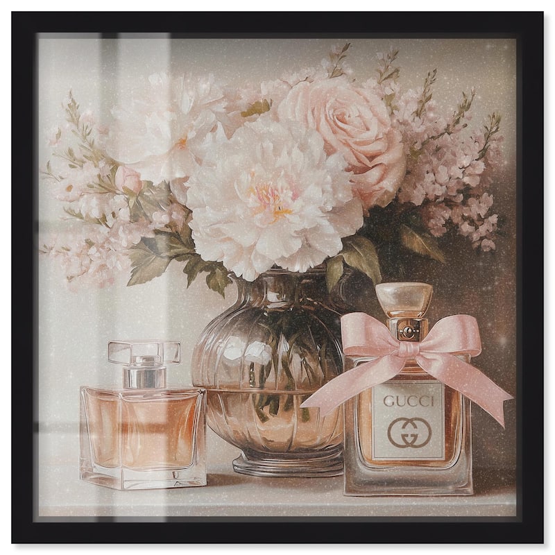 Peach Perfume Flowers in Vase Shadowbox by Art Remedy - Black - 24" x 24"