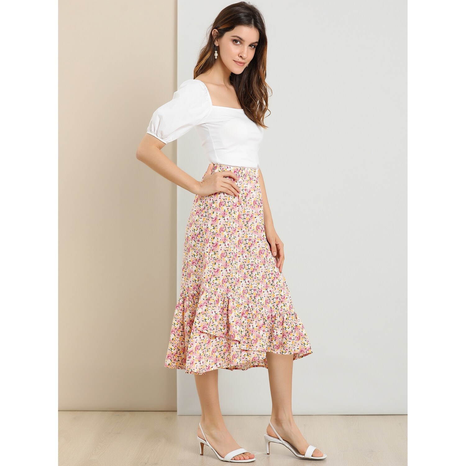Womens elastic waist ruffle skirt clearance
