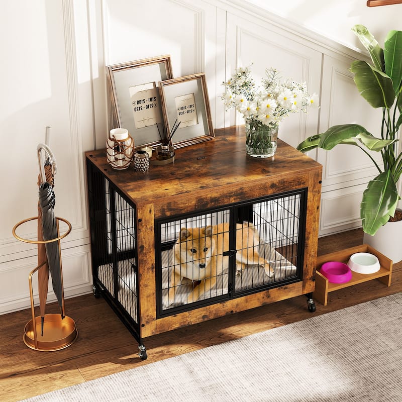 Wooden Dog Crate/Kennel with Flip-Top, Tray and 3 Lockable Doors and Wheels - 38" x 25" x 30.5" (L x W x H)