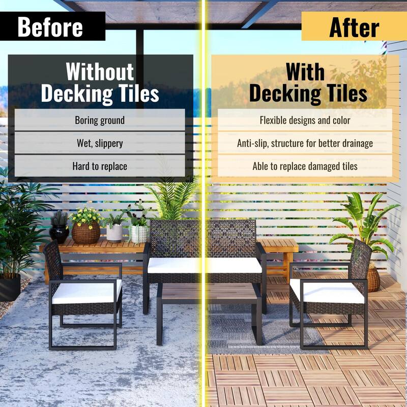 10 PCS Interlocking Deck Tiles Striped Pattern, 12" x 12" Square Acacia Hardwood Outdoor Flooring for Patio,Bancony,Pool Side