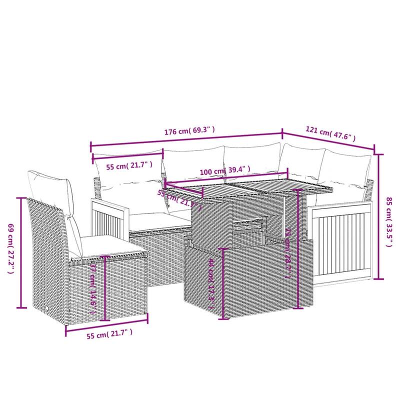 vidaXL Patio Sofa Set with Cushions Outdoor Furniture 6 Piece Poly Rattan - 21.7 x 39.4 x 28.7 in